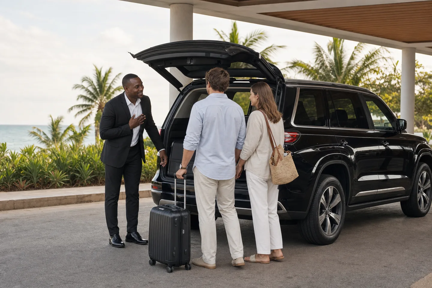 Professional chauffeur welcoming travellers beside an executive vehicle in Zanzibar.